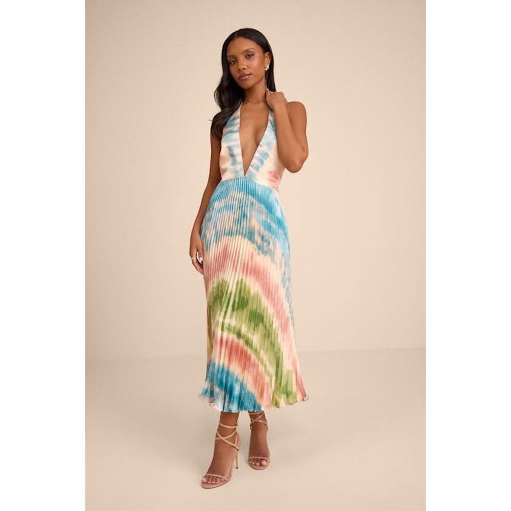 NWT Lulus Rhoda Blush Multi Tie-dye Satin Halter Midi Dress Pink - Size M